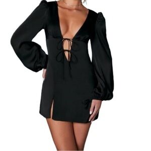 Oh Polly Black Plunge Long Sleeve Dress